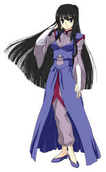 Rule 34 | 00s, 1girl, arm at side, arm up, black hair, breasts, full body, gundam, gundam 00, hand in own hair, kirisato itsuki, legs together, long hair, long sleeves, looking at viewer, marina ismail, pants, robe, simple background, solo, standing, very long hair, white background