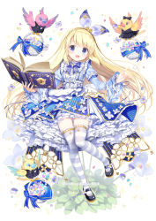 Rule 34 | 1girl, absurdres, animal, basket, bird, black bow, black bowtie, black dress, black footwear, black jacket, black vest, blonde hair, blue eyes, blue flower, blue ribbon, blue shirt, blue skirt, book, bow, bowtie, clothed animal, commentary request, confetti, copyright request, dress, flower, flower knight girl, frilled thighhighs, frills, highres, holding, holding book, jacket, kimishima ao, layered sleeves, long hair, long sleeves, open book, puffy short sleeves, puffy sleeves, ribbon, shirt, shoes, short over long sleeves, short sleeves, skirt, solo, sparkle, standing, standing on one leg, striped clothes, striped skirt, striped thighhighs, thighhighs, vertical-striped clothes, vertical-striped skirt, very long hair, vest, white background, white shirt, white skirt, wide sleeves
