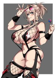 Rule 34 | 1girl, absurdres, armlet, blonde hair, blue eyes, bracelet, breasts, candy, earrings, facial tattoo, fishnet thighhighs, fishnet top, fishnets, food, highres, huge breasts, hz (666v), jewelry, lollipop, looking at viewer, midriff, navel, original, pants, ponytail, skindentation, smile, star (symbol), star tattoo, stomach, strap, sunglasses on head, tattoo, thick thighs, thighhighs, thighs
