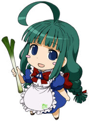 Rule 34 | 1girl, :d, ahoge, apron, blue dress, blue eyes, blunt bangs, blush, blush stickers, bow, bowtie, braid, brooch, chibi, commentary request, dress, flat chest, frilled apron, frills, full body, green hair, jewelry, long hair, looking at viewer, lowres, maid, maid apron, maso (ascii art), me-tan, medium bangs, open mouth, os-tan, personification, puffy sleeves, red bow, red bowtie, simple background, smile, solo, spring onion, standing, twin braids, twintails, white apron, white background
