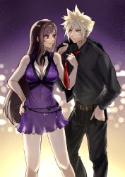 Rule 34 | 1boy, 1girl, alternate costume, bare arms, bare shoulders, black hair, blonde hair, blue eyes, blush, breasts, brown hair, cleavage, cloud strife, couple, dress, final fantasy, final fantasy vii, final fantasy vii remake, formal, hand in pocket, hand on own hip, highres, holding necktie, kaisei (kaisei my), large breasts, looking at another, neck ribbon, necktie, official alternate costume, pants, purple dress, red eyes, red necktie, ribbon, shirt, short dress, sleeveless, sleeveless dress, spiked hair, square enix, tifa lockhart, tifa lockhart (refined dress), wall market