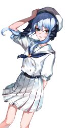 Rule 34 | 1girl, absurdres, bare legs, beret, black eyes, blue hair, cowboy shot, hat, highres, hololive, hoshimachi suisei, looking at viewer, simple background, skirt, solo, thigh gap, virtual youtuber, white background, white headwear, white skirt, yudeul