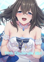 Rule 34 | 1girl, bead bracelet, beads, black hair, blue eyes, blush, bracelet, breasts, cleavage, dress, english text, fuurin restia, gloves, highres, idolmaster, idolmaster cinderella girls, idolmaster cinderella girls starlight stage, jewelry, large breasts, looking at viewer, necklace, open mouth, pearl bracelet, pearl necklace, pocket watch, sagisawa fumika, solo, starry sky bright (idolmaster), strapless, strapless dress, tiara, tiara removed, watch, white dress, white gloves