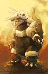 Rule 34 | absurdres, aggron, claws, commentary, creature, creatures (company), full body, game freak, gen 3 pokemon, green eyes, highres, horns, nintendo, no humans, pokemon, pokemon (creature), salanchu, signature, solo, standing