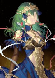 Rule 34 | 1girl, blue dress, braid, breasts, byleth (female) (fire emblem), byleth (fire emblem), cleavage, closed eyes, clothing cutout, commentary, cosplay, dress, fire emblem, fire emblem: three houses, fire emblem heroes, green hair, hair between eyes, hair ornament, hair ribbon, highres, large breasts, long hair, mik blamike, nintendo, official alternate costume, red ribbon, ribbon, shoulder cutout, solo, sothis (fire emblem), sothis (fire emblem) (cosplay), stomach cutout, twin braids, white ribbon