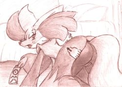 Rule 34 | 1girl, all fours, anger vein, animal ears, anus, arrow (projectile), ass, bed, blush, creatures (company), delphox, disembodied hand, female focus, fox ears, fox tail, from behind, fullfolka, furry, furry female, game freak, gen 6 pokemon, hand up, indoors, jpeg artifacts, legs apart, looking at viewer, looking back, looking to the side, monochrome, nintendo, pillow, pokemon, pokemon (creature), pokemon xy, pussy, simple background, solo, tail, tongue, tongue out, traditional media, uncensored