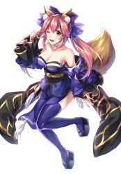 Rule 34 | 10s, 1girl, animal ears, betti (maron), blue thighhighs, breasts, cleavage, collarbone, detached sleeves, fate/extra, fate/extra ccc, fate/grand order, fate (series), fox ears, fox tail, full body, hair ornament, hair ribbon, highres, japanese clothes, large breasts, one eye closed, open mouth, pink hair, ribbon, simple background, solo, tail, tamamo no mae (fate/extra), thighhighs, white background, yellow eyes