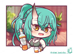 Rule 34 | 1girl, :d, absurdres, arknights, bangle, bare shoulders, benizika, blush, bottle, bracelet, breasts, brown eyes, chibi, cleavage, cup, drink, drinking glass, fang, green hair, hair between eyes, highres, holding, holding bottle, holding cup, horns, hoshiguma (arknights), jewelry, large breasts, looking at viewer, open mouth, plant, ponytail, potted plant, signature, single horn, smile, solo, twitter username, upper body, wooden floor