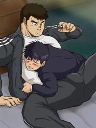 Rule 34 | 2boys, age difference, bara, bulge, coach, crotch, hima hawa, lying, male focus, multiple boys, muscular, original, size difference, sweat, teacher, teacher and student, yaoi