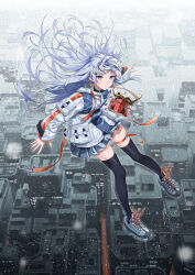 Rule 34 | 1girl, black thighhighs, blue eyes, blush, box, earrings, flying, full body, gift, gift box, grey hair, grey skirt, highres, hood, hoodie, jacket, jewelry, kabu (niniko2ko), long hair, long sleeves, looking at viewer, multicolored clothes, multicolored jacket, original, shoes, skirt, smile, sneakers, snowflakes, snowing, solo, thigh strap, thighhighs, two-tone jacket, zettai ryouiki