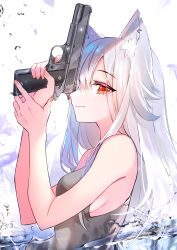 Rule 34 | 07touka25, 1girl, animal ear fluff, animal ears, bare shoulders, breasts, earrings, gun, hair between eyes, hair over shoulder, handgun, hands up, highres, holding, holding gun, holding weapon, jewelry, long hair, looking at viewer, m1911, partially submerged, pistol, profile, red eyes, sideboob, sleeveless, solo, splashing, upper body, wading, water, weapon, white hair