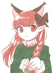Rule 34 | 1girl, :3, alternate hairstyle, animal ears, bow, braid, cat ears, dress, extra ears, green dress, hair bow, hair down, kaenbyou rin, long hair, long sleeves, looking at viewer, one-hour drawing challenge, pointy ears, puffy sleeves, red eyes, red hair, simple background, solo, tama (hiroshige 36), touhou, twin braids, upper body, white background