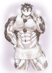 Rule 34 | 1boy, 816 (816 gray), abs, absurdres, animal ears, bara, chest hair, cross scar, feet out of frame, furry, furry male, grey fur, grey hair, highres, horkeu kamui, large pectorals, male focus, multicolored hair, muscular, muscular male, naked towel, navel, nipples, no headwear, official alternate costume, pectorals, scar, scar on chest, short hair, small head, solo, standing, stomach, tail, thick thighs, thighs, tokyo houkago summoners, topless male, towel, towel around neck, two-tone fur, two-tone hair, wet, wolf boy, wolf ears, wolf tail, yellow eyes