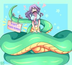 Rule 34 | 1girl, absurdres, blue eyes, breasts, greenknight98, heart, highres, lamia, large breasts, long hair, long tongue, monster girl, open mouth, original, purple hair, saliva, shirt, smile, solo, tail, tongue, very long tongue