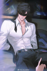 Rule 34 | 1boy, arms behind back, bdsm, black hair, black necktie, black pants, blindfold, bondage, bound, breast pocket, collarbone, collared shirt, disembodied hand, highres, indoors, lips, long sleeves, love and deepspace, male focus, necktie, pants, parted lips, plant, pocket, shirt, short hair, sitting, solo, white shirt, wuren daoshang dekezong, zayne (love and deepspace)