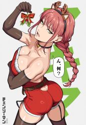 1girl absurdres animal_ears antlers ass bell black_choker braid braided_ponytail breasts butt_crack chainsaw_man choker christmas cleavage clothing_cutout commentary deer_ears elbow_gloves gloves headband highres holding holding_mistletoe horns large_breasts long_hair makima_(chainsaw_man) mikey_pie mistletoe neck_bell pantyhose red_hair reindeer_antlers ringed_eyes sidelocks simple_background solo speech_bubble yellow_eyes