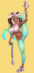 Rule 34 | 1girl, armpits, bad id, bad twitter id, bandana, beige background, bracelet, breasts, cephalopod eyes, crop top, dark-skinned female, dark skin, flexible, full body, green nails, headphones, highres, holding, jewelry, jtveemo, large breasts, leg up, long hair, looking at viewer, marina (splatoon), mole, mole under mouth, nail polish, navel, navel piercing, necklace, nintendo, octoling, parted lips, piercing, shiny skin, shoes, simple background, smile, sneakers, solo, splatoon (series), splatoon 2, split, standing, standing on one leg, standing split, stomach, tentacle hair, toned, unworn jewelry, unworn necklace, watch, wristband, wristwatch, yellow background
