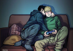 Rule 34 | 2boys, belt, biting, black hair, black hoodie, black pants, blonde hair, blue eyes, blush, controller, couch, couple, cris art, dualshock, ear biting, earrings, game controller, gamepad, green pants, green shirt, groping, hand under clothes, holding, holding controller, hood, hood down, hoodie, hulkling, jewelry, male focus, marvel, multiple boys, on couch, pants, playstation controller, shirt, short hair, sideburns, sitting, socks, wiccan, yaoi