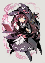Rule 34 | 1girl, animal hood, argyle, black dress, black footwear, black ribbon, blue eyes, book, boots, brown hair, commentary, dress, floating, floating book, floating object, francesca (pride of eden), full body, grey background, hood, keijou (cave), long sleeves, looking at viewer, magic, neck ribbon, oversized clothes, red: pride of eden, ribbon, simple background, sleeve cuffs, smoke, solo, sparkle, thigh boots, thighhighs