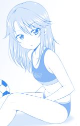 1girl bad_id bad_pixiv_id ball blue_theme blush clothes_writing collarbone english_text female_focus flo_(guilty_hearts) from_side hair_between_eyes idolmaster idolmaster_cinderella_girls leaning_forward long_hair looking_at_viewer monochrome navel panties parted_lips sitting soccer_ball solo sports_bra underwear underwear_only v-shaped_eyebrows white_background yuuki_haru