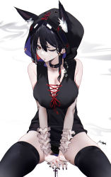 Rule 34 | 1girl, alternate costume, alternate hairstyle, animal ear fluff, animal ears, arknights, bandaid, bandaid on cheek, bandaid on face, barcode, barcode tattoo, bare shoulders, between legs, black hair, black nails, black thighhighs, bracelet, braid, breasts, cleavage, closed mouth, collar, cross-laced clothes, earrings, hand between legs, highres, hood, hood up, hoodie, invisible chair, jewelry, large breasts, leg tattoo, looking at viewer, mouth hold, nail polish, omone hokoma agm, one eye closed, red eyes, red ribbon, ribbon, rosary, signature, sitting, skindentation, sleeveless, sleeveless hoodie, solo, tattoo, texas (arknights), thighhighs, white background, wolf ears