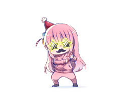 Rule 34 | 1girl, bocchi the rock!, chibi, cube hair ornament, fake facial hair, fake mustache, full body, gotoh hitori, hair between eyes, hair ornament, hair over eyes, hat, holding, jacket, long hair, one side up, pants, party hat, party popper, pink hair, pink jacket, pink pants, satotsuki chiyo, simple background, solo, standing, star-shaped eyewear, star (symbol), track jacket, track pants, white background
