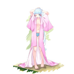 Rule 34 | 1girl, absurdres, arms behind head, arms up, ayaka (genshin impact), barefoot, bathrobe, blue eyes, blue pants, blush, breasts, breasts apart, collarbone, commentary request, full body, genshin impact, gluteal fold, hair ornament, hair tie, highres, long hair, medium breasts, mouth hold, navel, one eye closed, pants, pink robe, robe, solo, standing, tatami, tomu (tom 309k), tying hair, very long hair, white background