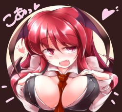 Rule 34 | 1girl, between breasts, black dress, breasts, cleavage, demon wings, dress, fangs, fumitsuki (minaduki 6), head wings, heart, koakuma, large breasts, long sleeves, looking at viewer, necktie, necktie between breasts, open clothes, open mouth, open shirt, red eyes, red hair, shirt, smile, solo, touhou, uneven eyes, upper body, valentine, wings