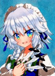 Rule 34 | 1girl, :d, bad id, bad pixiv id, between fingers, blue background, blue eyes, blue ribbon, blue vest, bow, braid, green bow, green ribbon, hair between eyes, hair bow, hair ribbon, holding, holding knife, izayoi sakuya, juliet sleeves, knife, long sleeves, looking at viewer, maid, maid headdress, medium hair, neck ribbon, open mouth, puffy sleeves, qqqrinkappp, ribbon, shadow, shikishi, silver hair, smile, solo, touhou, traditional media, twin braids, upper body, v-shaped eyebrows, vest