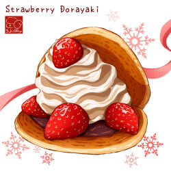 artist_logo artist_name cream dorayaki english_text food food_focus fruit highres no_humans original pancake snowflake_background strawberry sweets wagashi white_background yuki00yo