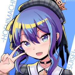 Rule 34 | 1girl, beret, black choker, blue eyes, blue hair, bracelet, character name, choker, commentary, fang, hat, highres, hololive, hoshimachi suisei, hoshimachi suisei (1st costume), jacket, jewelry, looking at viewer, lost b&#039;unny, o-ring, o-ring choker, open mouth, plaid, plaid jacket, skin fang, solo, twitter username, v, virtual youtuber