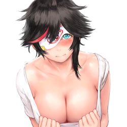 Rule 34 | 1girl, black hair, blindfold, blue eyes, blush, breasts, cleavage, clothes pull, commentary request, indie virtual youtuber, large breasts, minori yumeko, minori yumeko (character), multicolored hair, one eye covered, scoop neck, shirt, shirt pull, short hair, shu-mai, simple background, solo, streaked hair, t-shirt, upper body, virtual youtuber, white background, white shirt