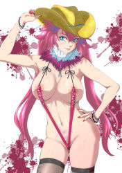 Rule 34 | 1girl, areola slip, arm up, black thighhighs, blue eyes, blush, bracelet, breasts, cameltoe, cleavage, commentary, covered erect nipples, cowboy hat, fur trim, groin, hand on headwear, hand on own hip, hat, jewelry, kagura (oneechanbara), large breasts, lips, long hair, looking at viewer, minpei ichigo, nail polish, navel, oneechanbara, parted lips, pink hair, pubic tattoo, revision, shiny skin, sideboob, skindentation, slingshot swimsuit, smile, solo, standing, stomach, strap gap, sweat, swimsuit, tattoo, teeth, thighhighs, thighs, twintails, very long hair