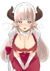 Rule 34 | 10s, 1girl, alicia (granblue fantasy), bebebe (pepegakii), blush, breasts, cleavage, downblouse, draph, dress, gloves, granblue fantasy, heart, heart-shaped pupils, heavy breathing, highres, horns, large breasts, long hair, looking at viewer, mature female, open mouth, pointy ears, red eyes, silver hair, simple background, smile, solo, symbol-shaped pupils, v arms, white background, white gloves