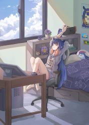 Rule 34 | 1girl, absurdres, bed, bedroom, bloop (gawr gura), box, chair, cloud, computer, creatures (company), drawing tablet, flower, flower pot, game freak, gen 2 pokemon, highres, hollow knight, hololive, hololive english, hood, hoodie, long hair, multicolored hair, ninomae ina&#039;nis, nintendo, nintendo switch, office chair, pichu, plant, pointy ears, pokemon, pokemon (creature), portrait (object), potted plant, pugo, purple flower, purple hair, sky, stretching, swivel chair, takodachi (ninomae ina&#039;nis), tissue box, violet (flower), virtual youtuber, window