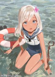 Rule 34 | 1girl, blonde hair, blue one-piece swimsuit, blue sailor collar, bracelet, crop top, flower, grey eyes, grey one-piece swimsuit, hair flower, hair ornament, highres, jewelry, kantai collection, lifebuoy, long hair, looking at viewer, one-piece swimsuit, one-piece tan, ro-500 (kancolle), rope, sailor collar, school swimsuit, sitting, solo, swim ring, swimsuit, swimsuit under clothes, tan, tanline, titanium hrk, wariza, water