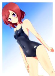 Rule 34 | 10s, 1girl, absurdres, arena (company), arm at side, armpits, black one-piece swimsuit, blue background, blush, breasts, clenched hand, closed mouth, clothes writing, competition school swimsuit, covered navel, cowboy shot, dutch angle, emblem, eyebrows, from side, frown, gradient background, hand on own thigh, highres, hip focus, legs apart, love live!, love live! school idol project, narrow waist, nishikino maki, one-piece swimsuit, purple eyes, red hair, school swimsuit, short hair, skin tight, small breasts, solo, standing, swept bangs, swimsuit, tennouji masamichi, wet, white background