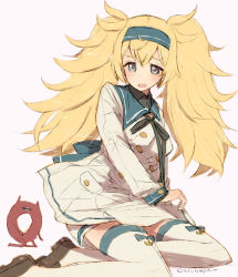 Rule 34 | 1girl, alchera, black footwear, blonde hair, blue eyes, blush, breasts, dress, enemy lifebuoy (kancolle), gambier bay (kancolle), hairband, kantai collection, large breasts, long hair, long sleeves, open mouth, shoes, simple background, sitting, thighhighs, twintails, wariza, white background, white dress, white thighhighs