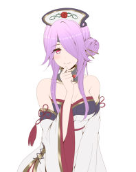 Rule 34 | 1girl, bare shoulders, blush, breasts, mitsuki (princess connect!), princess connect!, purple hair, red eyes, roaru (gyuren)