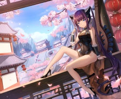 Rule 34 | 1girl, absurdres, bare shoulders, black dress, black footwear, black hair, blue eyes, blue sky, blunt bangs, blush, breasts, cherry blossoms, chinese clothes, closed mouth, cloud, commentary request, covered navel, day, double bun, dress, fate/grand order, fate (series), flower, hair bun, hair ornament, high heels, highres, kyo (maae00), long hair, looking at viewer, medium breasts, pink flower, sitting, sky, sleeveless, sleeveless dress, smile, solo, thighs, twintails, very long hair, yang guifei (fate), yang guifei (second ascension) (fate)
