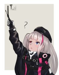 Rule 34 | 1girl, ?, arm up, beret, blue eyes, cellphone, flip phone, girls&#039; frontline, gloves, grey hair, hat, heterochromia, highres, holding, holding phone, jacket, long hair, long sleeves, mdr (girls&#039; frontline), multicolored hair, open mouth, outside border, phone, red eyes, shiroteru, side ponytail, solo, streaked hair, tactical clothes, upper body