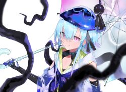 Rule 34 | 1boy, absurdres, arknights, beret, black gloves, black ribbon, black shirt, blue hair, blue hat, blurry, collarbone, colored tips, depth of field, detached sleeves, earrings, elbow gloves, from above, gloves, hair between eyes, halterneck, hat, hat ribbon, highres, holding, holding umbrella, hood, hood down, infection monitor (arknights), jewelry, looking at viewer, mizuki (arknights), multicolored hair, neckerchief, purple eyes, purple neckerchief, ribbon, see-through, see-through sleeves, shachi-kun jup, shirt, short hair with long locks, simple background, single earring, smile, tentacles, umbrella, white background