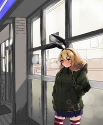 Rule 34 | 1girl, anchor hair ornament, anchor symbol, blonde hair, blue skirt, breath, commentary request, cowboy shot, fur-trimmed jacket, fur trim, green jacket, grey eyes, hair ornament, hands in pockets, haniyama kurofo, highres, jacket, kantai collection, long hair, miniskirt, night, outdoors, pleated skirt, shimakaze (kancolle), skirt, solo, striped clothes, striped thighhighs, thighhighs