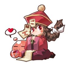 Rule 34 | 1girl, :3, = =, apple juice, braid, braided ponytail, brown hair, chibi, closed mouth, commentary request, eating, expressive clothes, full body, hat, heart, jacket, jiangshi, juice, lizard, long hair, looking to the side, mizuki hitoshi, munak, ofuda, poring, qingdai guanmao, ragnarok online, red eyes, red jacket, red skirt, simple background, single braid, sitting, skirt, slime (creature), spoken heart, translation request, white background, wide sleeves