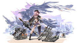 Rule 34 | 1girl, absurdres, alice gear aegis, black gloves, boots, choker, garter straps, gloves, gun, hand on own hip, hat, highres, holding, holding gun, holding weapon, logo, looking at viewer, mecha, navel, pinakes, pink hair, revealing clothes, robot, rocket launcher, short shorts, shorts, simple background, single thighhigh, solo, suspenders, thighhighs, weapon, yotsuya yumi