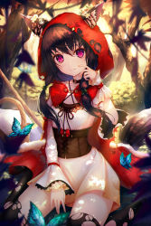 Rule 34 | 1girl, animal ear fluff, animal ears, basket, black choker, black hair, black thighhighs, blurry, blush, bow, bug, butterfly, cape, choker, collarbone, corset, dappled sunlight, day, depth of field, dress, ears through headwear, flower, forest, h2o (dfo), highres, insect, little red riding hood, long hair, long sleeves, looking at viewer, nature, on ground, original, outdoors, parted lips, pink eyes, red bow, scratching cheek, sidelocks, smile, sunlight, tail, thighhighs, torn cape, torn clothes, torn legwear, tree, white dress, white flower, wolf ears, wolf girl, wolf tail, wrist cuffs