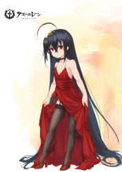 Rule 34 | 1girl, absurdly long hair, aged down, ahoge, azur lane, bare shoulders, black hair, black thighhighs, blush, breasts, choker, closed eyes, clothes lift, cocktail dress, collarbone, commentary request, copyright name, crossed bangs, dress, dress lift, full body, garter straps, hair between eyes, hair ornament, handi, high heels, highres, lifting own clothes, long hair, looking at viewer, official alternate costume, red choker, red dress, red eyes, red footwear, small breasts, solo, standing, taihou (azur lane), taihou (forbidden feast) (azur lane), thighhighs, very long hair