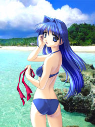 Rule 34 | 1girl, arm up, ass, beach, bikini, blue bikini, blue eyes, blue hair, blush, cloud, cowboy shot, day, from behind, hair intakes, halterneck, halterneck, hand in own hair, holding, kanon, long hair, looking at viewer, looking back, matching hair/eyes, minase nayuki, norizou type-r, ocean, open mouth, outdoors, photo background, red ribbon, ribbon, sky, solo, swimsuit, water