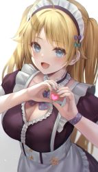 Rule 34 | 1girl, :d, absurdres, apron, black dress, blonde hair, blue eyes, blush, breasts, cleavage, cleavage cutout, clothing cutout, commentary, cowboy shot, dress, frilled dress, frills, from above, hachimiya meguru, heart, heart cutout, heart hands, hibimaru, highres, idolmaster, idolmaster shiny colors, large breasts, long hair, looking at viewer, looking up, maid, maid headdress, neck garter, open mouth, polka dot, puffy short sleeves, puffy sleeves, short sleeves, smile, solo, swept bangs, two side up, very long hair, waist apron, white apron, wristband