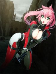 Rule 34 | 00s, 1girl, :o, absurdres, alley, amanda werner, blassreiter, bodysuit, breasts, cleavage, cleavage cutout, clothing cutout, green eyes, gun, hair between eyes, hair rings, handgun, highres, large breasts, long hair, nishii (damnedrive), open mouth, outdoors, pink hair, pistol, running, scan, skin tight, solo, weapon, zipper